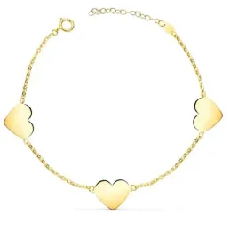 Pulsera Oro de 18k con 18 cm. tres corazones brillo 12x10 mm.. Grabac
