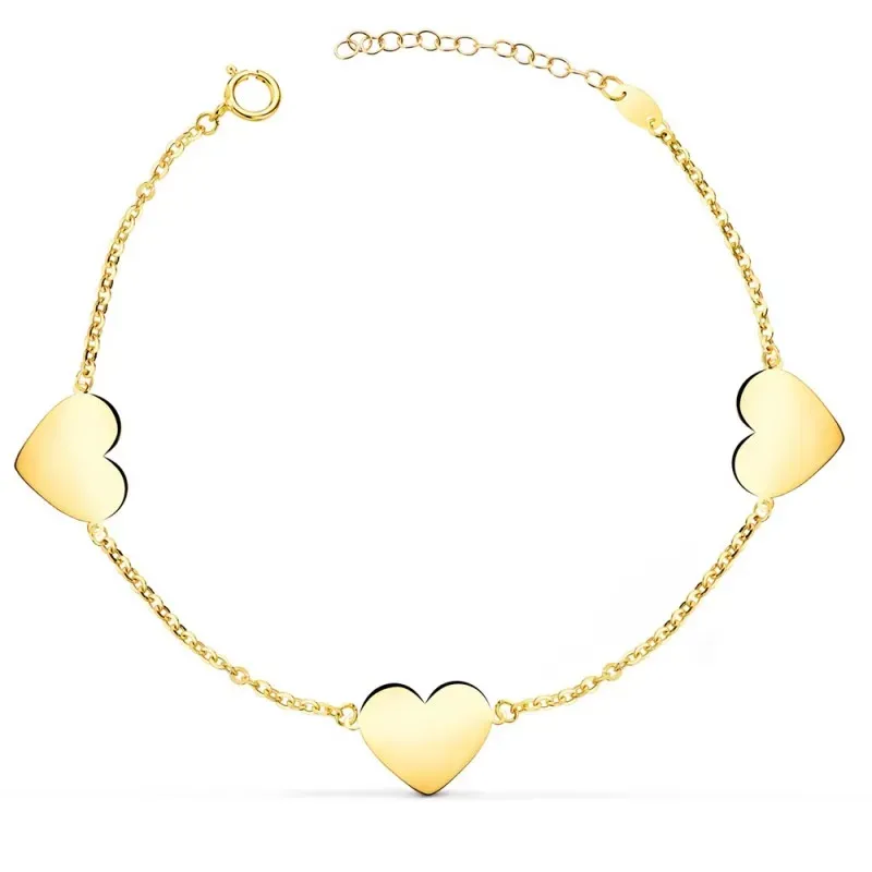 Pulsera Oro de 18k con 18 cm. tres corazones brillo 12x10 mm.. Grabac