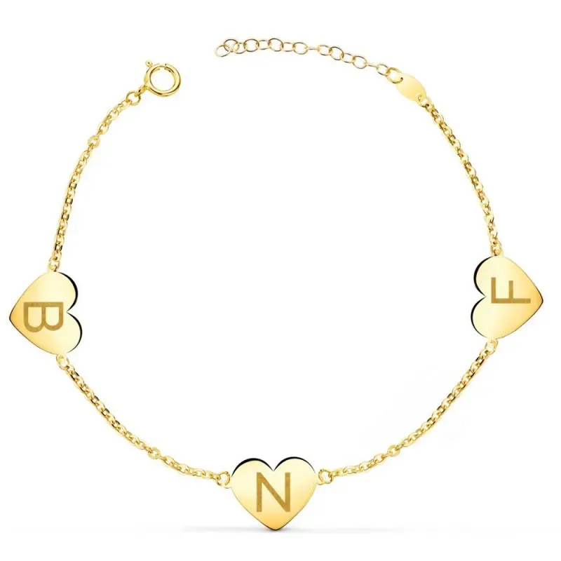 Pulsera Oro de 18k con 18 cm. tres corazones brillo 12x10 mm.. Grabac