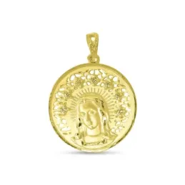 Virgen de la Alegría Medalla Oro 18k maciza 24 mm. calada circonitas.