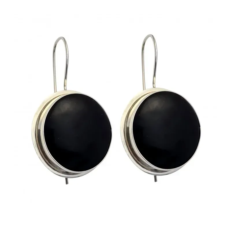 Pendientes plata ley 925m liso piedra negra redondo [AA8916]