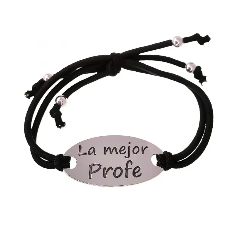 Pulsera plata ley 925m lisa chapa LA MEJOR PROFE goma [AA9932GR]