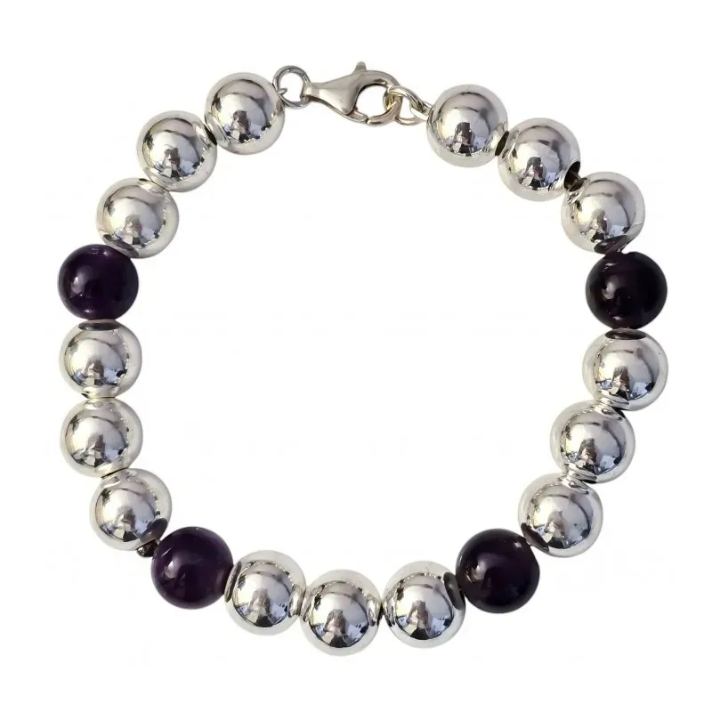 Pulsera plata ley 925m bolas 10mm. amatistas [AA9978]