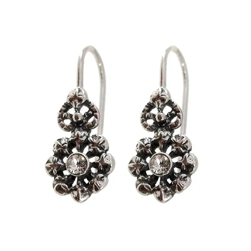 Pendientes plata Ley 925m largos flor oxidado [AB1119]