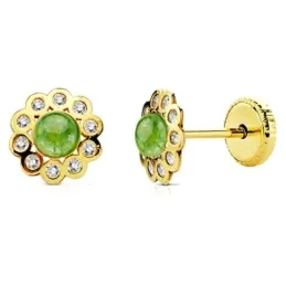 Pendientes oro 18k flor piedra verde y circonitas [AB2955]
