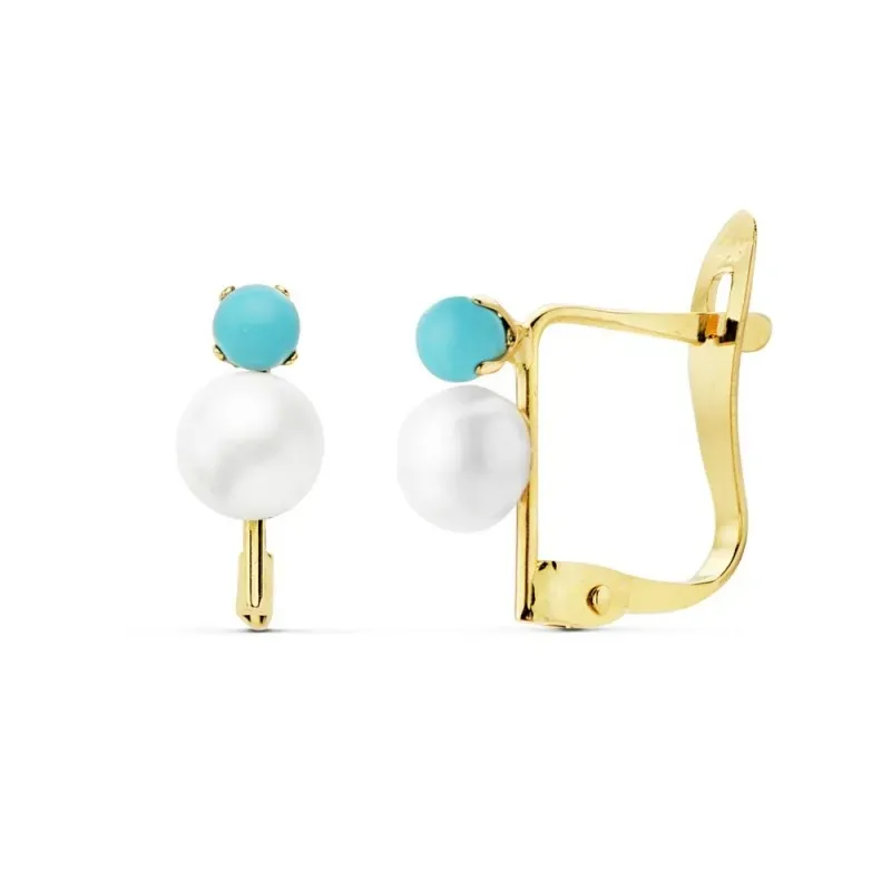 Pendientes oro 18k perlas cultivadas 4.5mm. bola azul 2.5mm. [AB8882]
