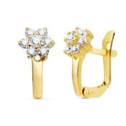 Pendientes oro 18k niña 13mm. detalle cuajo circonitas forma flor cierre catalán
