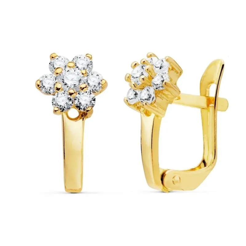 Pendientes oro 18k niña 13mm. detalle cuajo circonitas forma flor cierre catalán