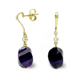 Pendientes oro 18k mujer largos amatista 14 mm. circonita presión