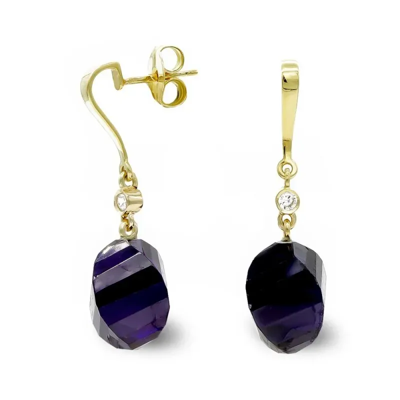 Pendientes oro 18k mujer largos amatista 14 mm. circonita presión