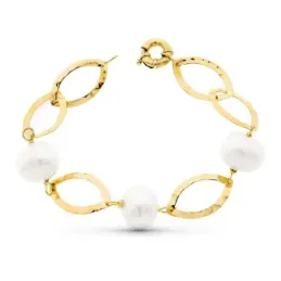 Pulsera oro 18k mujer 18 cm. formas ovaladas caladas perlas cultivada