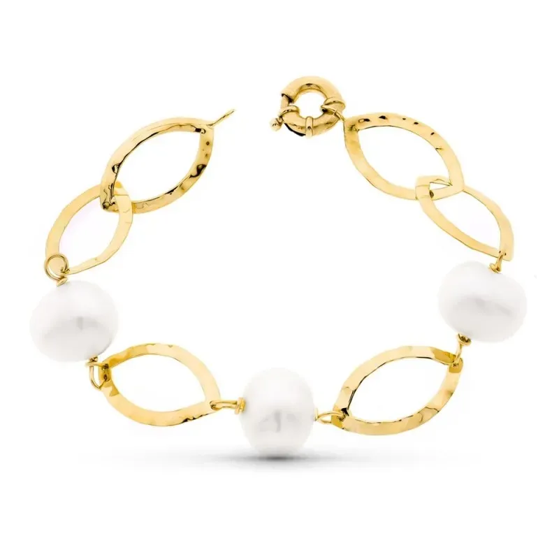 Pulsera oro 18k mujer 18 cm. formas ovaladas caladas perlas cultivada
