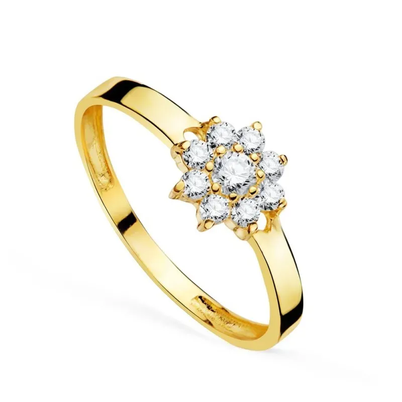 Sortija en Oro de 18k con cuajo de circonitas de 7 mm. con acho cuerp