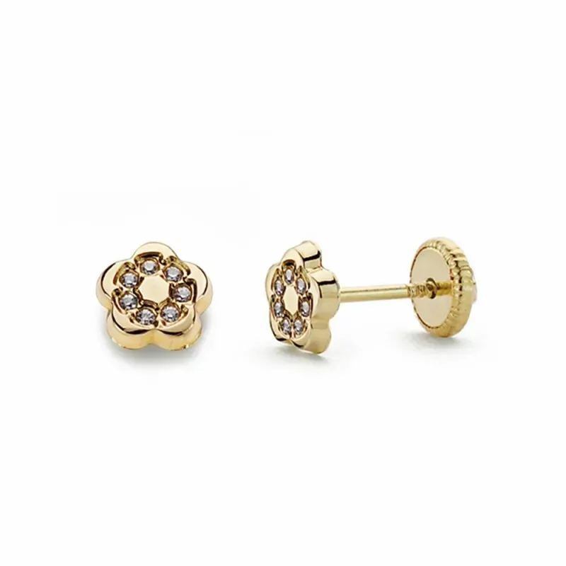 Pendientes oro 18k flor 5mm. circonitas cierre tornillo [AA2132]