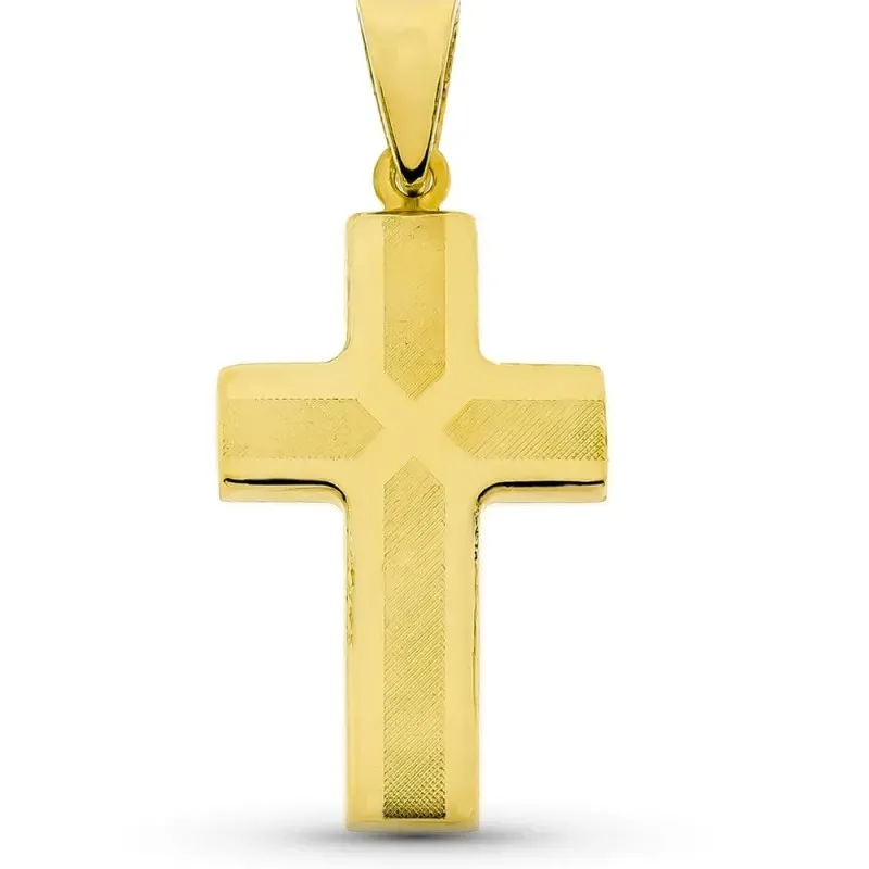 Cruz colgante oro 18k láser 32 mm. detalles lisa