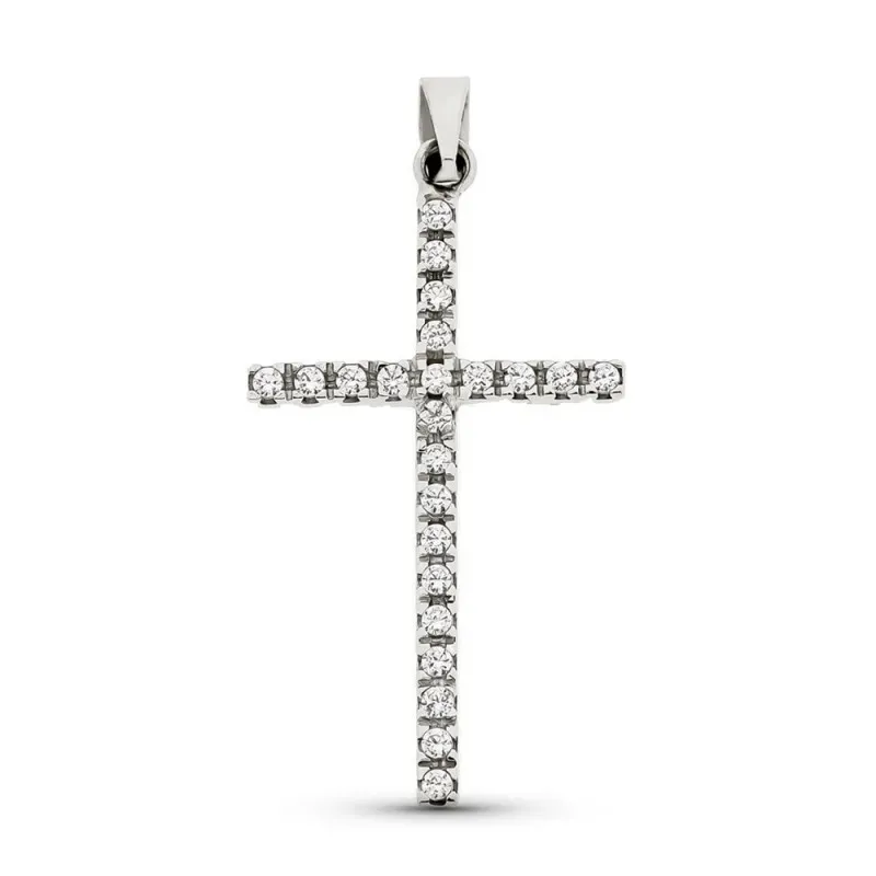 Cruz colgante oro blanco 18k mujer 27 mm. hueca mate brillo