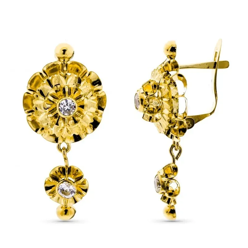 Pendientes oro 18k largos mujer 29 mm. cubanas combinadas circonitas
