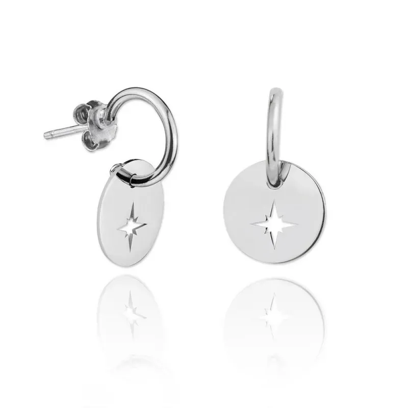 Pendientes plata Ley 925m aro chapa rosa de los vientos calada 21mm estrella polar rodiados [AC1482]