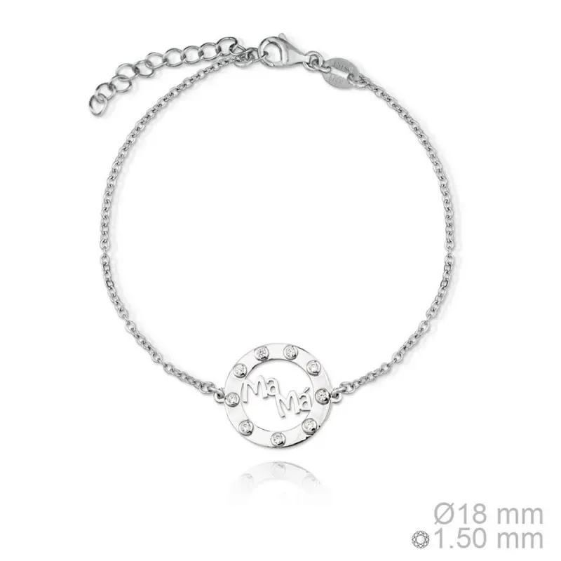 Pulsera plata Ley 925m rodiada MAMÁ 17.5cm. detalle borde circonitas palabra calada cierre mosquetón