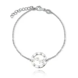 Pulsera plata Ley 925m rodiada MAMÁ 17.5cm. detalle borde circonitas palabra calada cierre mosquetón
