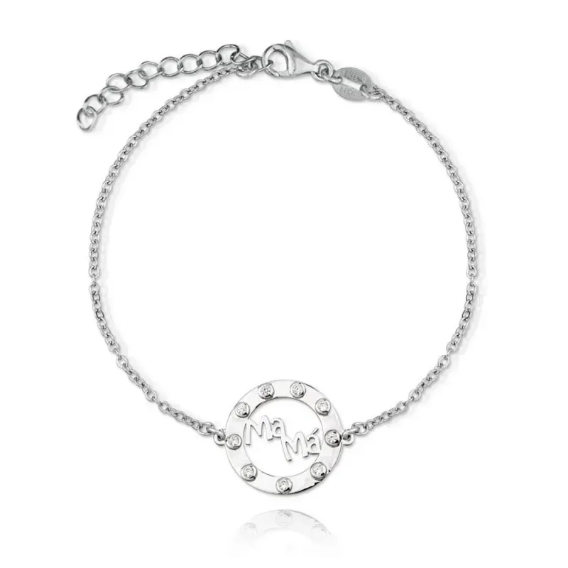 Pulsera plata Ley 925m rodiada MAMÁ 17.5cm. detalle borde circonitas palabra calada cierre mosquetón