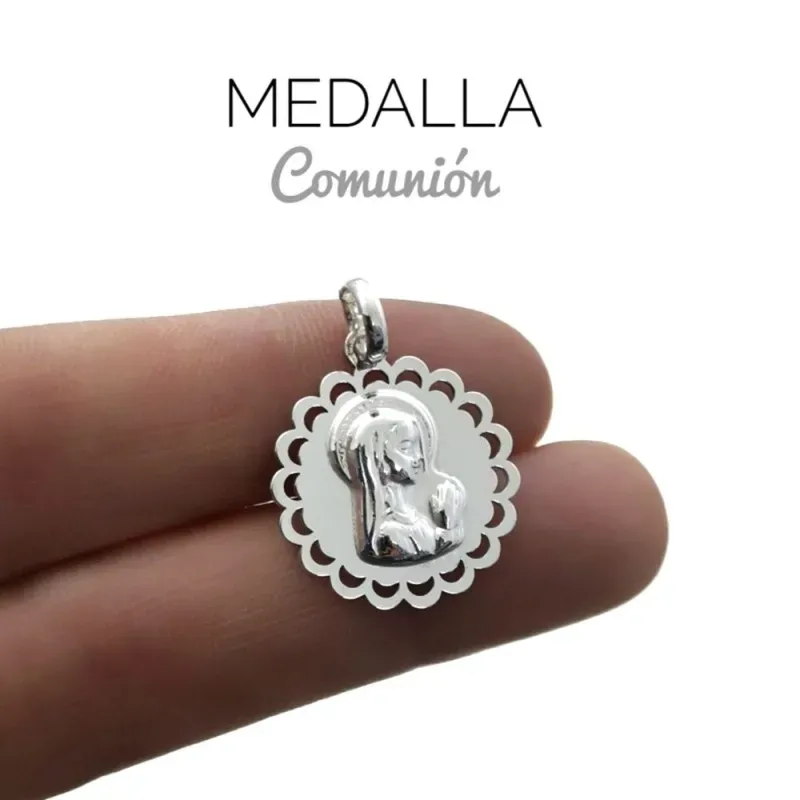 Medalla colgante plata Ley 925m Virgen Niña 19mm. lisa cerco detalles calados