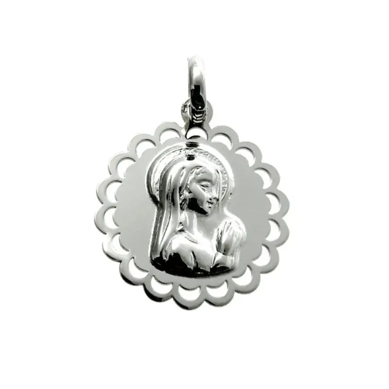 Medalla colgante plata Ley 925m Virgen Niña 19mm. lisa cerco detalles calados