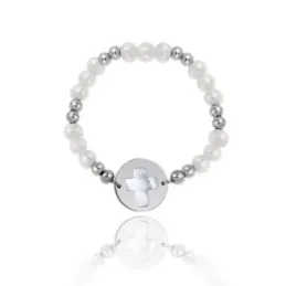 Pulsera plata Ley 925m Verutia cruz base nácar elástica rodiada comunión perlas cultivadas [AC1483]