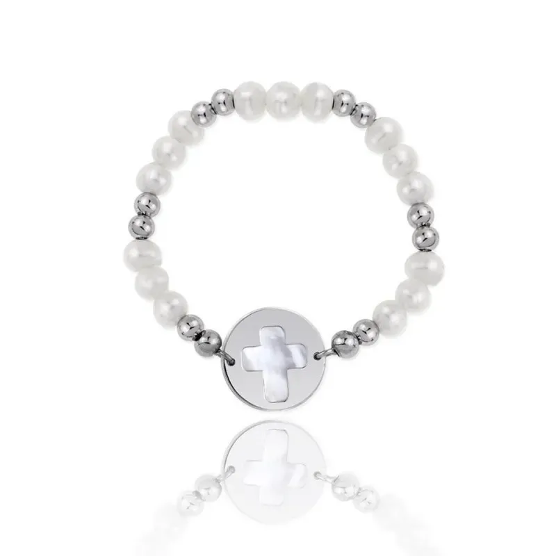 Pulsera plata Ley 925m Verutia cruz base nácar elástica rodiada comunión perlas cultivadas [AC1483]