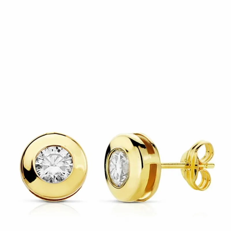 Pendientes oro 18k chatón circonita 8.5mm cierre presión [AA2048]