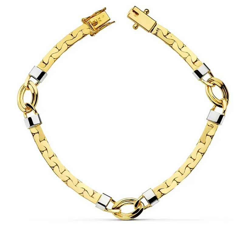 Pulsera oro 18k bicolor 19.5cm. eslabones anchos [AB2272]