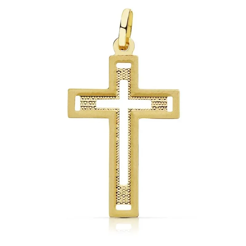 Colgante oro 18k cruz 28mm. sin cristo tallada centro calado [AB9375]