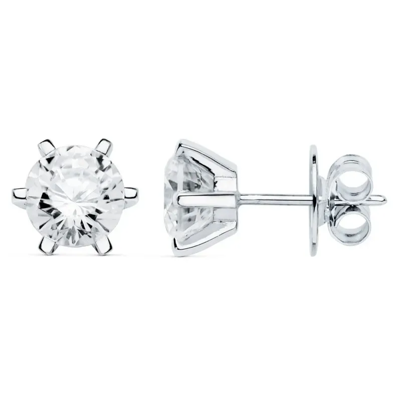 Pendientes oro blanco 18k circonita 8mm. presión 6 garras [AC0162]