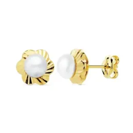 Pendientes oro 18k flor tallada 7mm. centro perla cultivada [AC0931]