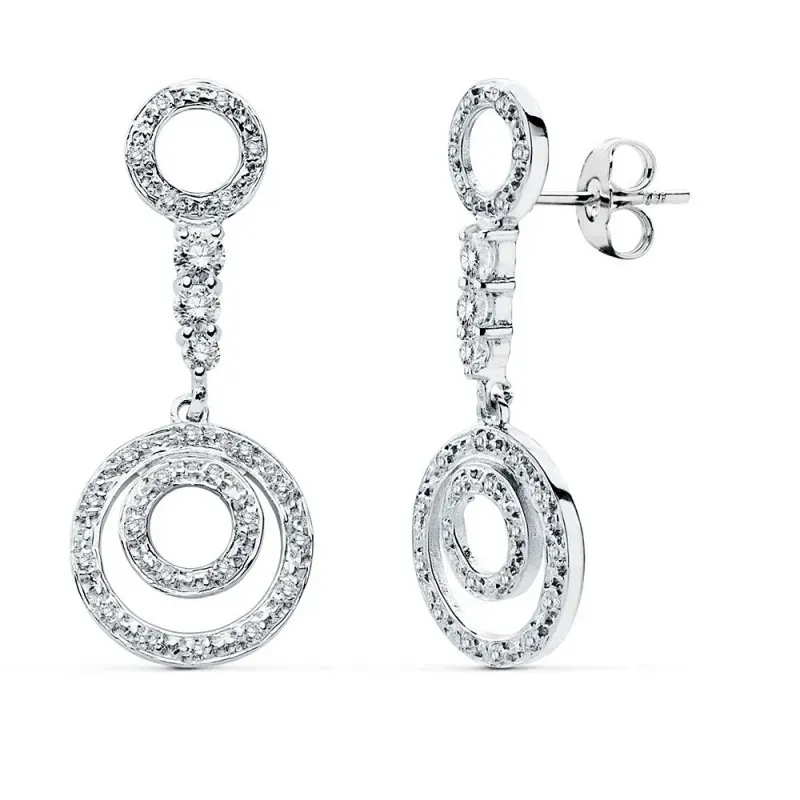 Pendientes oro blanco 18k largos círculos circonitas novia cierre presión mujer