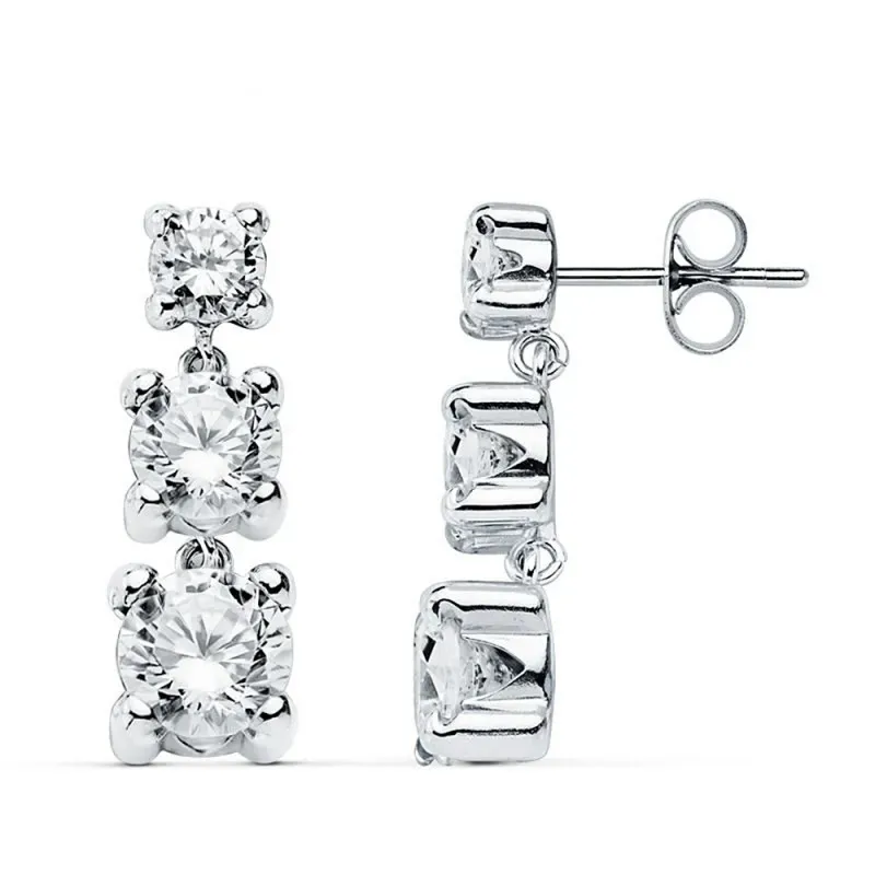Pendientes oro blanco 18k largos cuadros circonitas cierre presión mujer