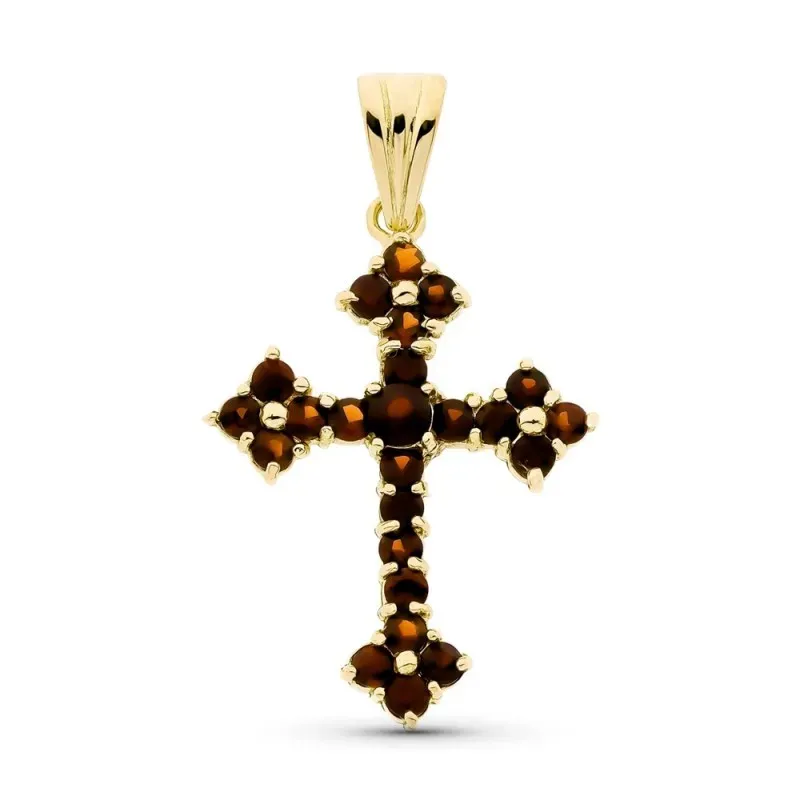 Cruz oro 18k mujer 35 mm. granate garras
