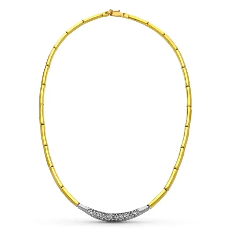 Gargantilla oro bicolor 18k mujer eslabones tubos detalle forma centr