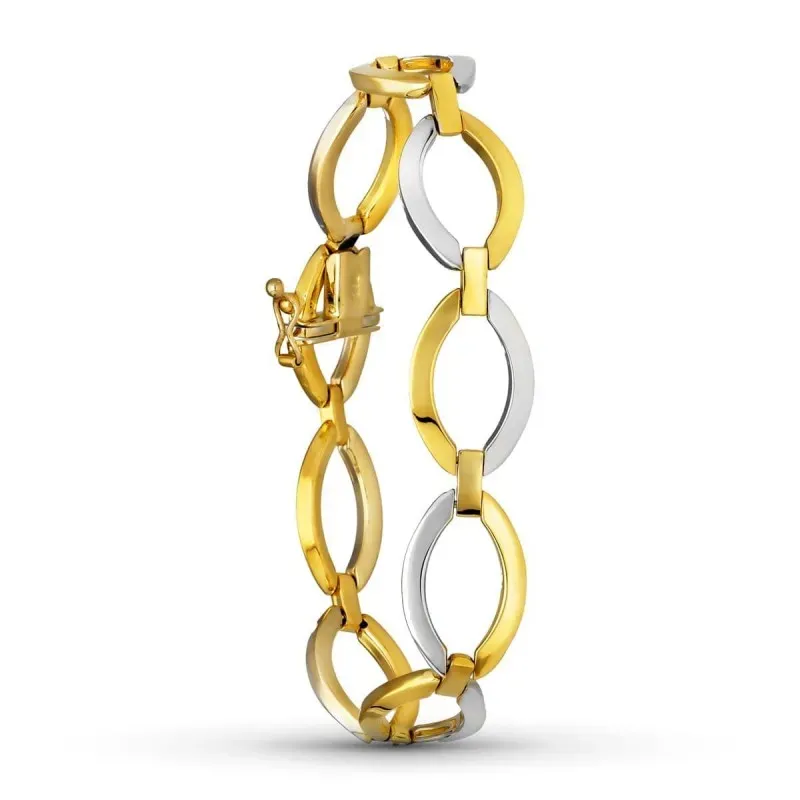 Pulsera oro bicolor 18k mujer eslabones ovalados calados lisos brillo
