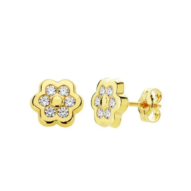 Pendientes oro 18k flor circonitas 7mm. cierre presión [7707]