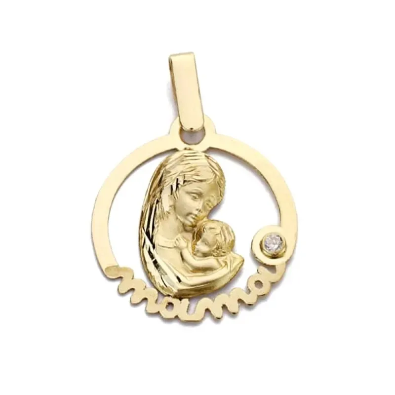 Colgante oro 18k mujer redondo calado centro figura madre niño mensaj