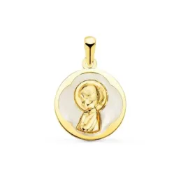 Virgen Niña medalla oro 18k Primera Comunión 15 mm. nácar centro