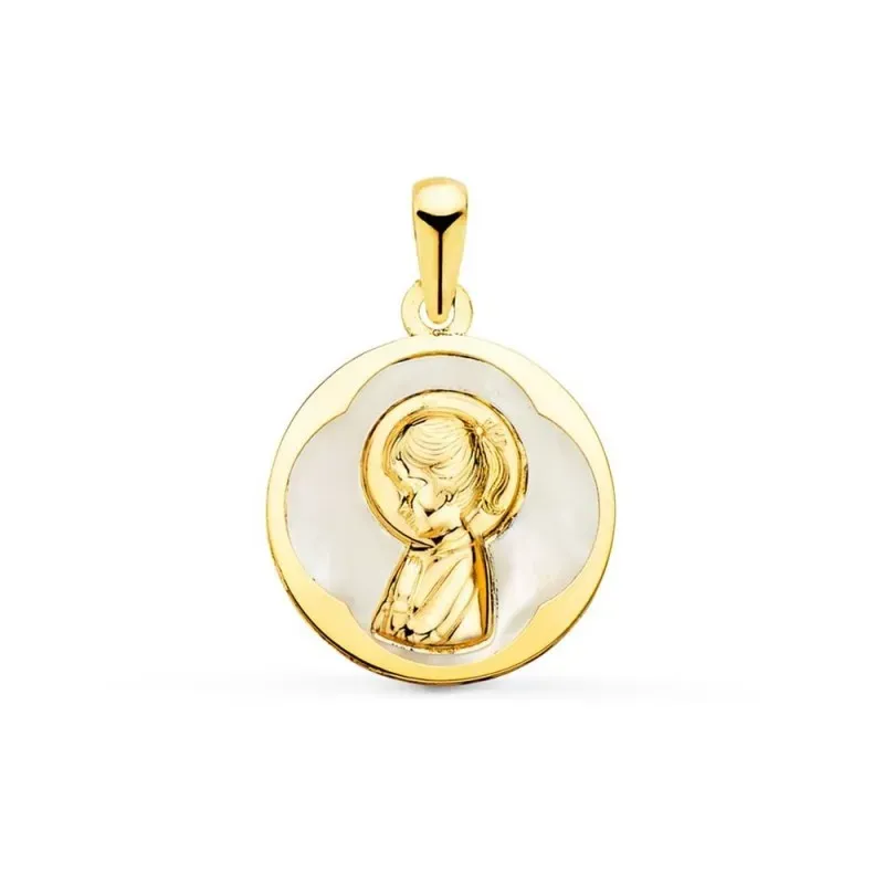 Virgen Niña medalla oro 18k Primera Comunión 15 mm. nácar centro