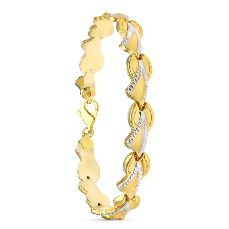 Pulsera Oro 18k bicolor 19 cm. estampación mate brillo detalles
