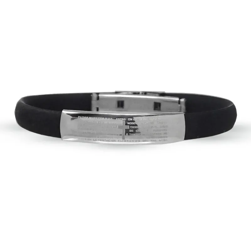 Pulsera Acero Inoxidable 316L hombre caucho negro 7 mm. oración Padre