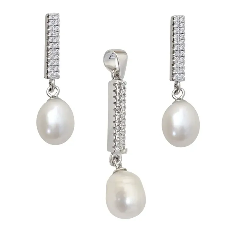 Juego plata Ley 925m rodiado perla piedras microengastadas [AB0884]