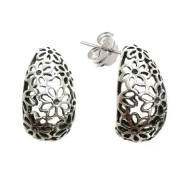 Pendientes plata ley 925m abombados oxidados flores caladas [AB2744]