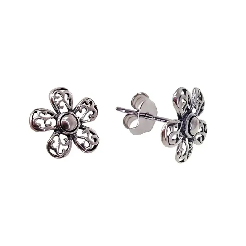 Pendientes plata ley 925m flor calada oxidada 14mm. [AB2666]
