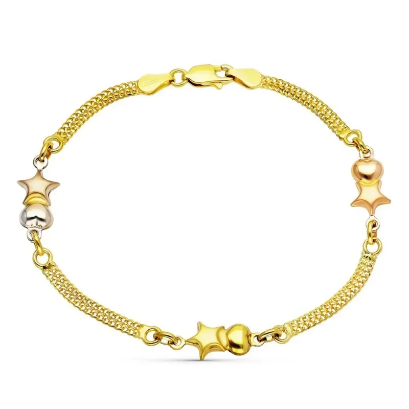 Pulsera Oro 18k tricolor motivo corazones estrellas