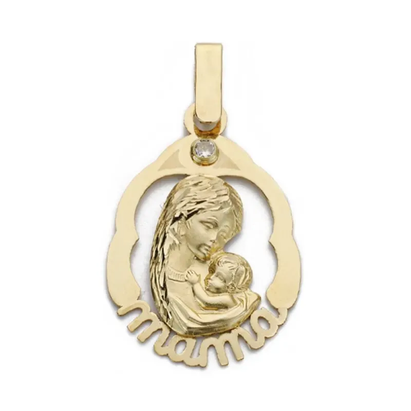 Colgante oro 18k madre e hijo 23mm. palabra MAMÁ detalle circonita cerco